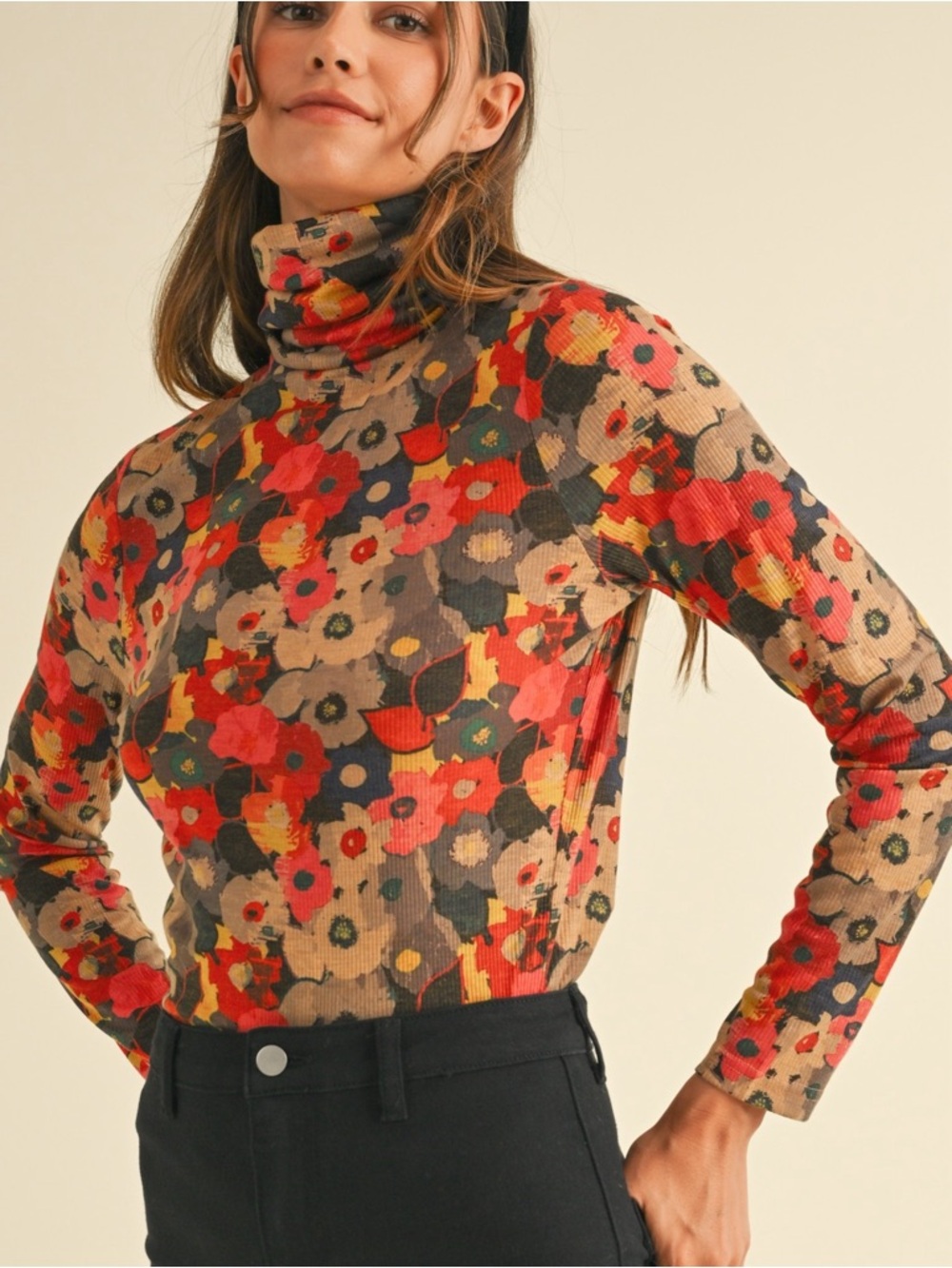 Anniewear Long-Sleeve Floral Ribbed Turtleneck / Medium